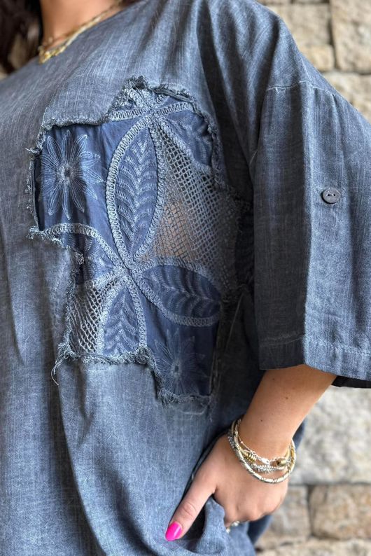 Lindin Linen Blend Crochet Flower Top Washed Navy